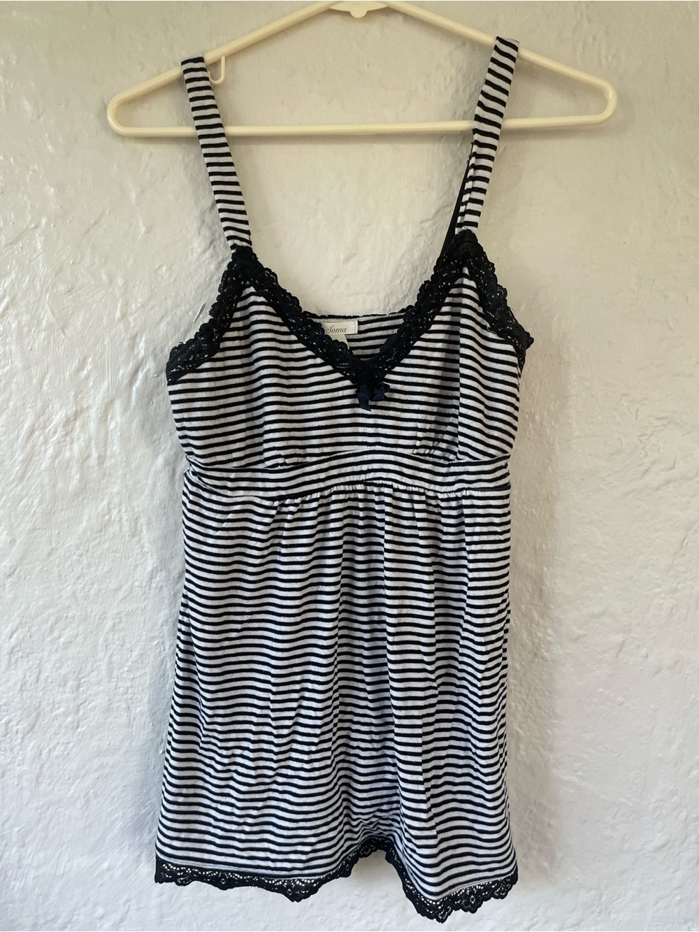 Soma black and white striped sleep tank top, lace detail, adjustable straps; S